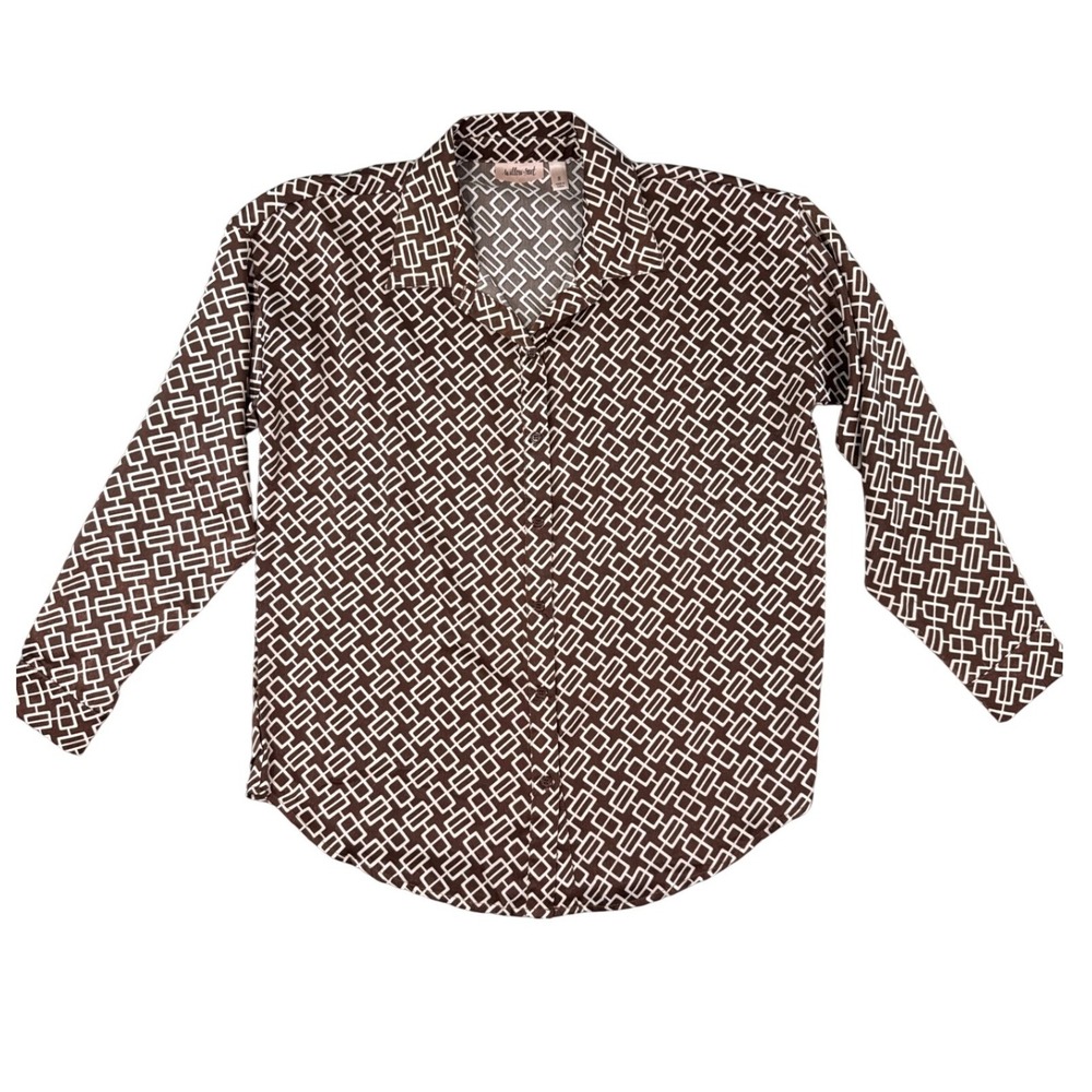 Willow + Root Brown White Geometric Chain Link Oversized Button Down Shirt Small